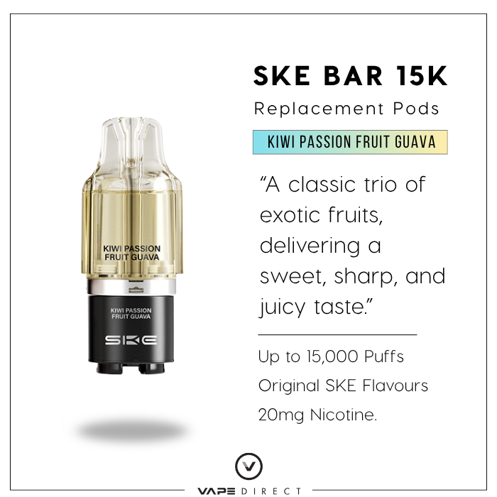 Kiwi Passion Fruit Guava flavour description for the SKE BAR 15K replacement pods.