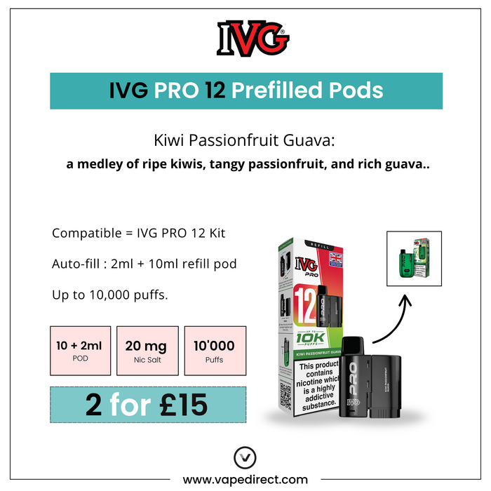 Promotional graphic for Kiwi Passionfruit Guava - IVG PRO Pods by I VG. Each 2ml pod uses a 10ml nic salt refill, 20mg nicotine, offering up to 10,000 puffs. Special offer: 2 for £15. Available at Vape Direct In Milton Keynes