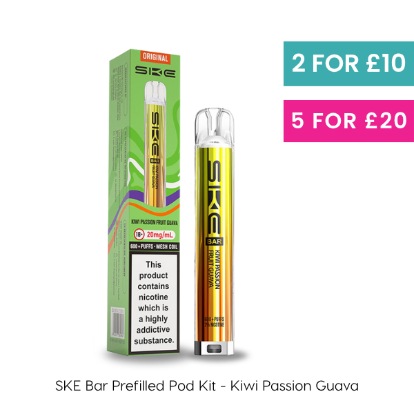 Kiwi Passion Fruit Guava SKE Bar Prefilled Pod Kit, offering 600 puffs and 20mg/ml of nicotine.