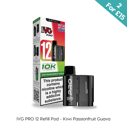 Kiwi Passionfruit Guava - IVG PRO Pods by I VG come in refill packaging with two black pods, nic salt e-liquid, up to 10,000 puffs, a UK flag, and a "2 For £15" banner. Available at Vape Direct In Milton Keynes
