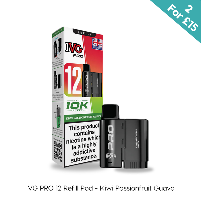 Kiwi Passionfruit Guava - IVG PRO Pods by I VG come in refill packaging with two black pods, nic salt e-liquid, up to 10,000 puffs, a UK flag, and a "2 For £15" banner. Available at Vape Direct In Milton Keynes