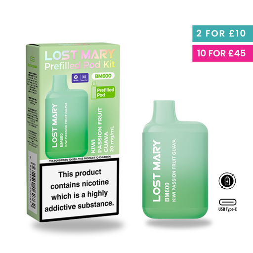 Lost Mary kiwi passion guava prefilled pod kit packaging with green pod on a white background