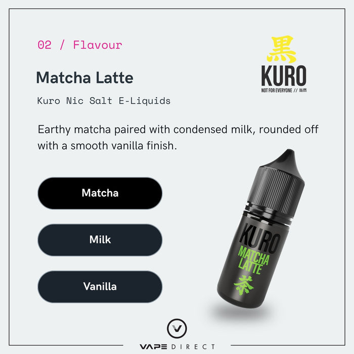 A bottle of Matcha Latte Nic Salt E-Liquid by Kuro (Riot Squad) is shown, featuring flavor notes of matcha, milk, and vanilla. The description highlights earthy matcha, condensed milk sweetness, and a smooth vanilla finish.