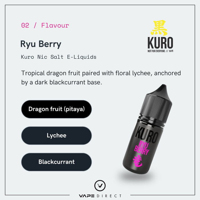 A bottle of Ryu Berry Nic Salt E-Liquid by Kuro from Riot Squad is shown, featuring a label with the product name. The text highlights its flavor as a blend of dragon fruit, lychee, and blackcurrant, with three labeled circles listing these notes. Crafted in the UK, this vape juice delivers a smooth Ryu Berry nic salt experience—ideal for fruit lovers looking for an exotic twist in their dragon fruit e-liquid.
