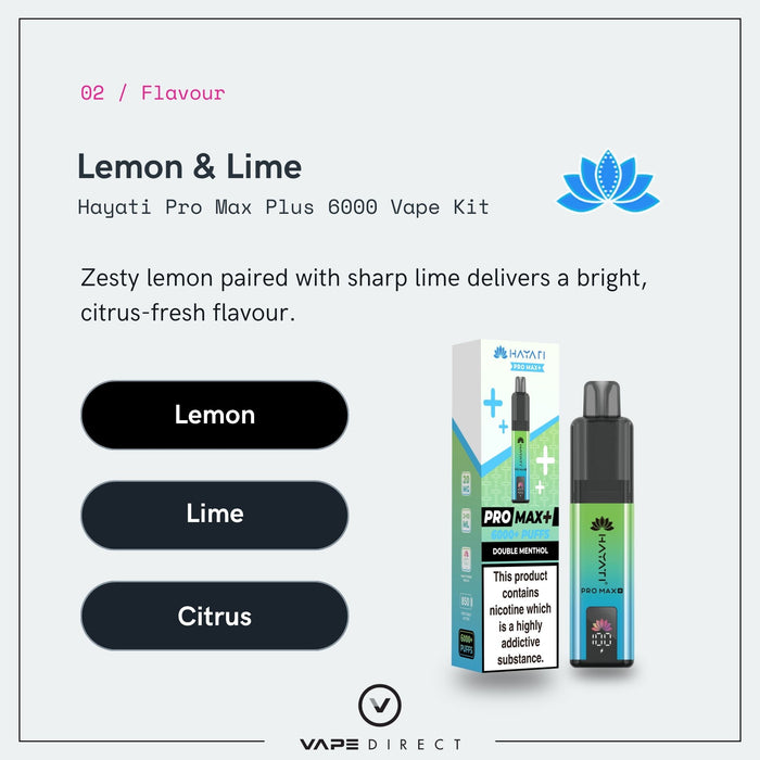 Lemon and Lime Hayati Pro Max Plus vape kit flavour card showing lemon, lime and citrus notes