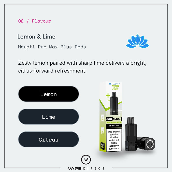 Lemon and Lime Hayati Pro Max Plus pod flavour card showing lemon, lime and citrus notes