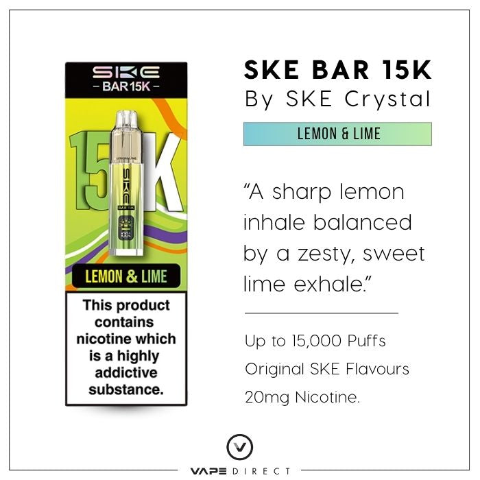 SKE Bar 15K vape in Lemon & Lime, with up to 15,000 puffs, Original SKE Flavour and 20mg nicotine. 