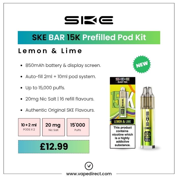 SKE BAR 15k pod kit in Lemon & Lime flavour. 850mAh battery, 15,000 puffs, and 20mg nic salt. 