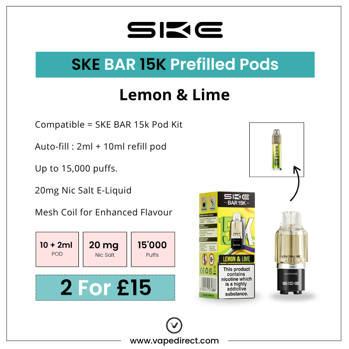 SKE BAR 15K Prefilled Pods Lemon and Lime; 10ml refill pod, 20mg Nic Salt, 15,000 puffs. 