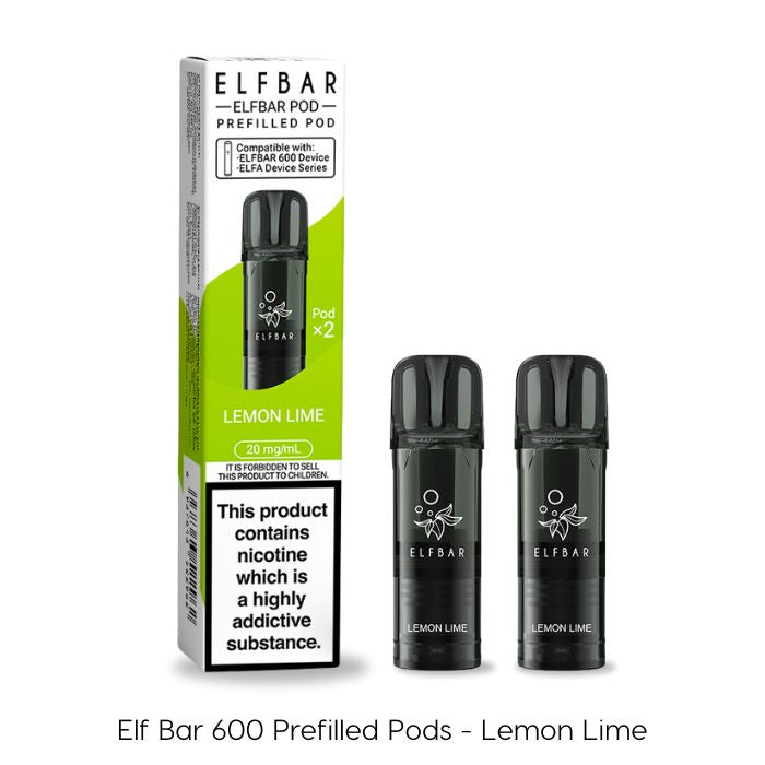 Lemon Lime Elf Bar 600 Prefilled Pods, 2ml pods in a 2 pack and compatible with the elf bar 600 pod kit.