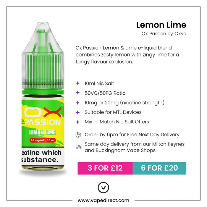 Lemon Lime Ox passion e-liquid with flavour description. 10ml Nic Salt, suitable for MTL devices, multi-buy offers, and details for next day delivery in milton keynes and buckingham shown. 
