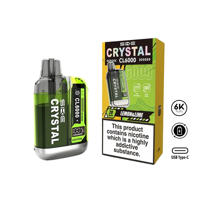 SKE Crystal vape device and packaging showing 6k puffs and usb-c charger