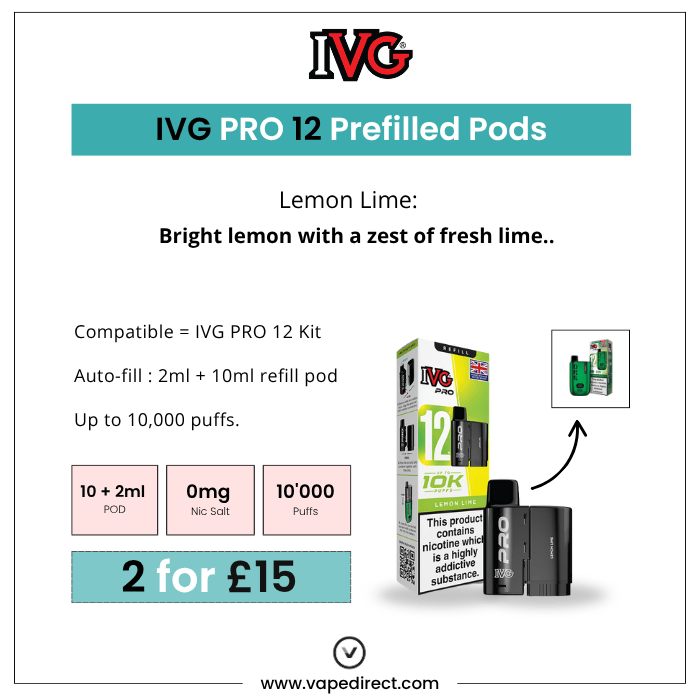Advertisement for IVG Pro 12 Prefilled Pods with product packaging and text on a white background.