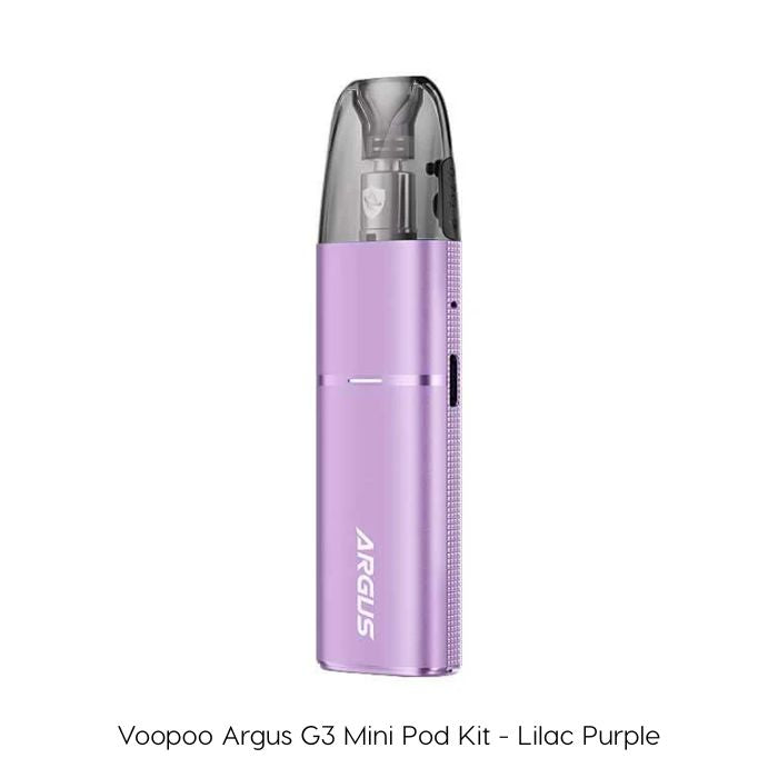 Voopoo Argus G3 Mini Pod Kit in lilac purple with smart mode, 3ml refillable pods and adjustable airflow.