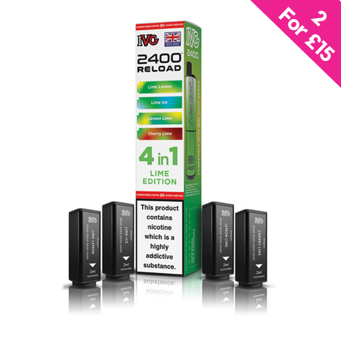 IVG 2400 Reload vape device packaging with four black devices displayed in front on a white background.