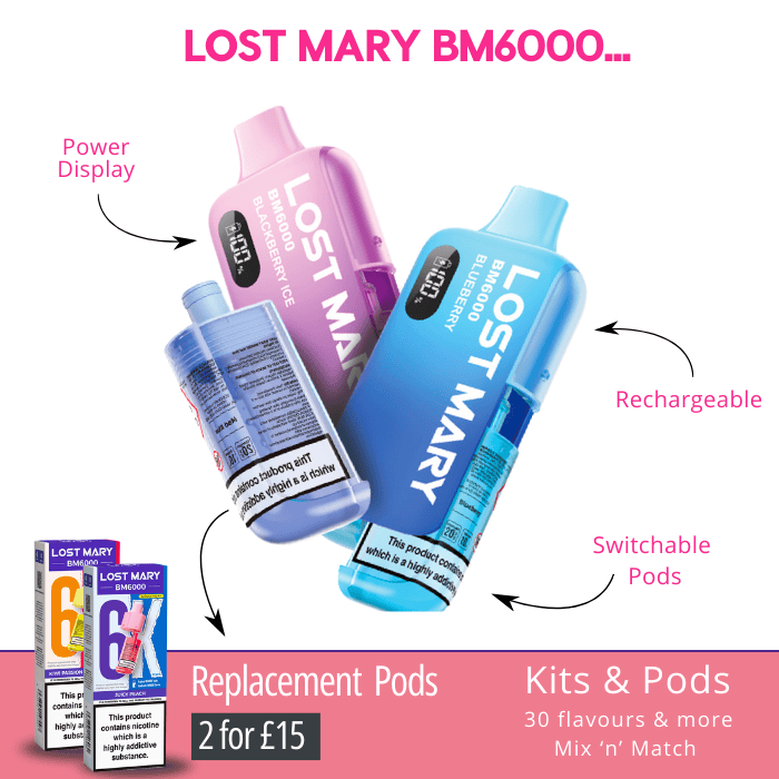 Lost Mary BM6000 vape device with packaging and text highlighting features on a white background.