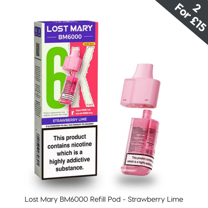 Lost Mary BM6000 Strawberry Lime prefilled pod and 10ml refill pack, front of box