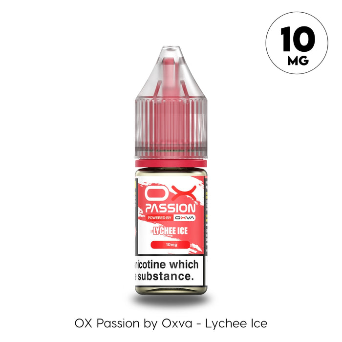 OX Passion by Oxva Lychee Ice e-liquid bottle with 10mg label.