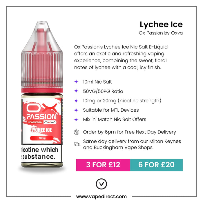 Lychee Ox passion e-liquid with flavour description. 10ml Nic Salt, suitable for MTL devices, multi-buy offers, and details for next day delivery in milton keynes and buckingham shown.background