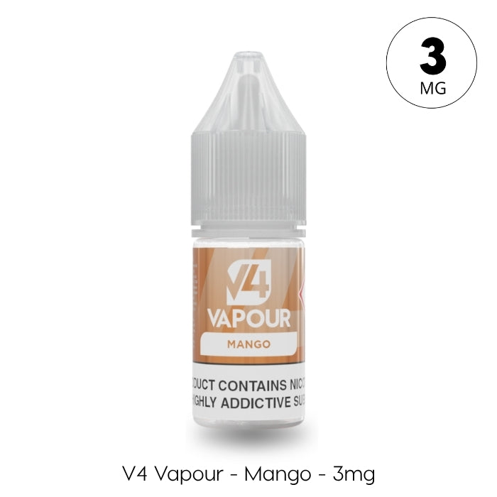 A 10ml bottle of V4 Vapour - Mango E-Liquid with a gray cap, labeled "3 MG" in a circle, contains nicotine and is part of the V4 Vapour Freebase E-liquids range. Available at Vape Direct In Milton Keynes