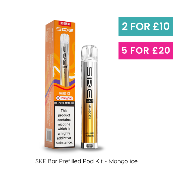 Mango Ice SKE Bar Prefilled Pod Kit, offering 600 puffs and 20mg/ml of nicotine.