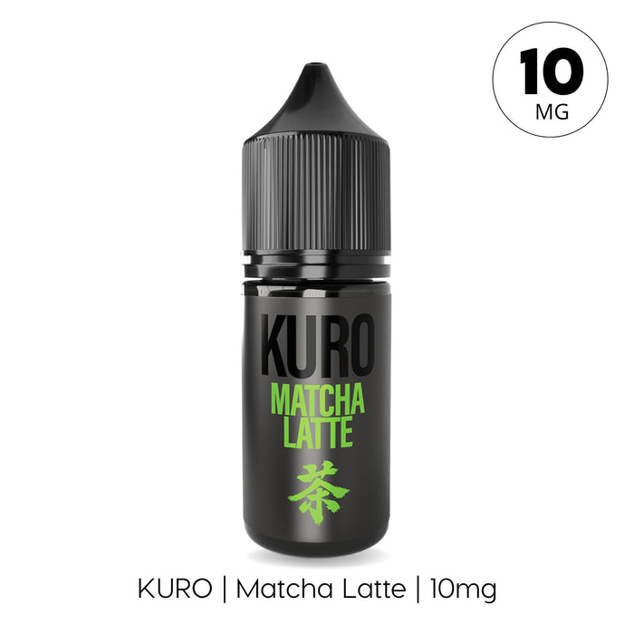 A black bottle labeled Matcha Latte Nic Salt E-Liquid by Kuro, featuring green text and a leaf symbol, contains 10mg. The cap is sleek, and "10 MG" appears in a circle at the top right. Below are the words: Riot Squad | Matcha Latte Nic Salt E-Liquid | UK made | 10mg nic salt.