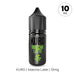 A black bottle labeled Matcha Latte Nic Salt E-Liquid by Kuro, featuring green text and a leaf symbol, contains 10mg. The cap is sleek, and "10 MG" appears in a circle at the top right. Below are the words: Riot Squad | Matcha Latte Nic Salt E-Liquid | UK made | 10mg nic salt.