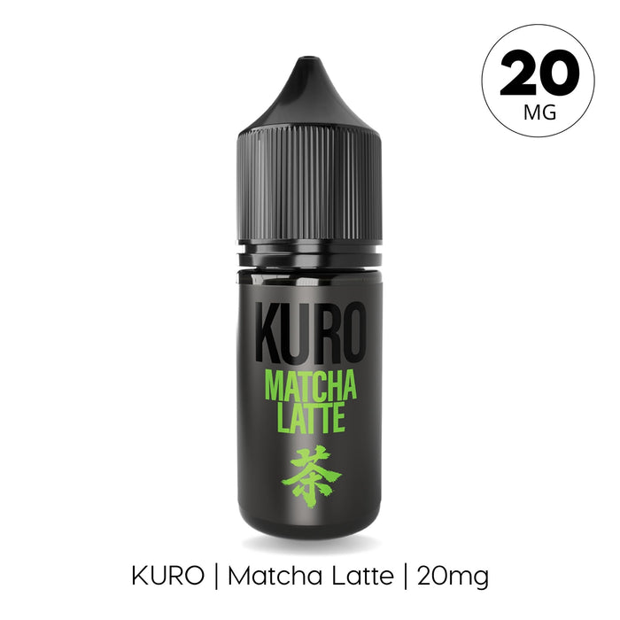 A sleek black bottle labeled "Matcha Latte Nic Salt E-Liquid by Kuro" from Riot Squad features green text, a logo, and a circle in the top right displaying "20mg". Below, the text reads: KURO | Matcha Latte | 20mg. This UK-made e-liquid contains nic salt for a smooth vaping experience.
