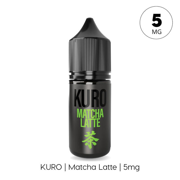 A black bottle labeled Matcha Latte Nic Salt E-Liquid by Kuro with green and white text and a "5mg" circle is shown. This UK-made e-liquid from Riot Squad features nic salt for a smooth vaping experience.
