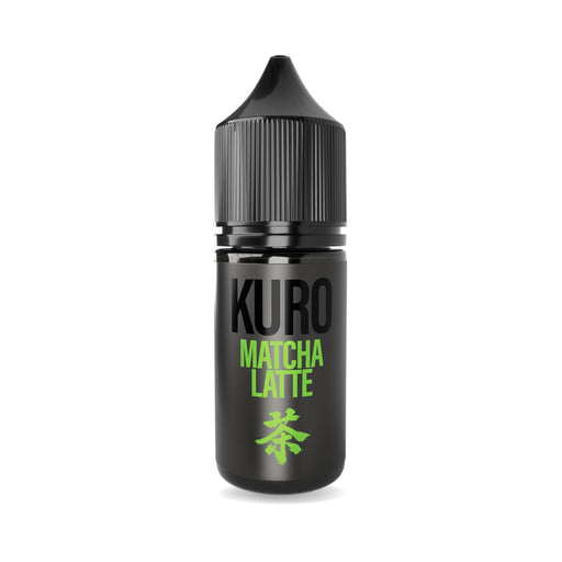 A black bottle labeled Matcha Latte Nic Salt E-Liquid by Kuro, with green and white text and Japanese characters at the bottom, is topped with a ribbed black screw cap. Made in the UK by Riot Squad, this e-liquid contains nic salt for a smooth vaping experience.