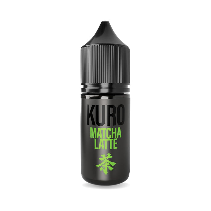 A black bottle labeled Matcha Latte Nic Salt E-Liquid by Kuro, with green and white text and Japanese characters at the bottom, is topped with a ribbed black screw cap. Made in the UK by Riot Squad, this e-liquid contains nic salt for a smooth vaping experience.