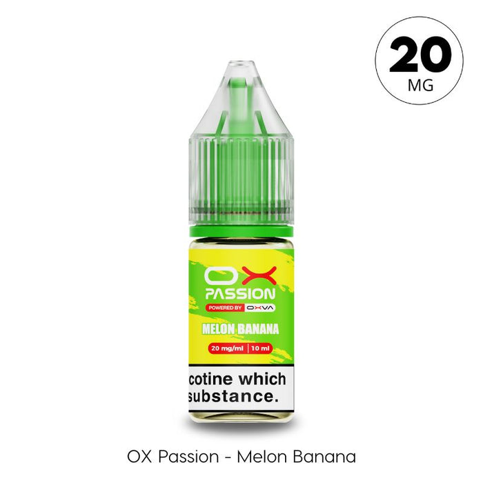 Melon Banana 20mg OX Passion Nic Salt by Oxva. A Tropical Melon and Banana flavoured e-liquid avaialble at Vape Direct in Milton keynes and Buckingham.
