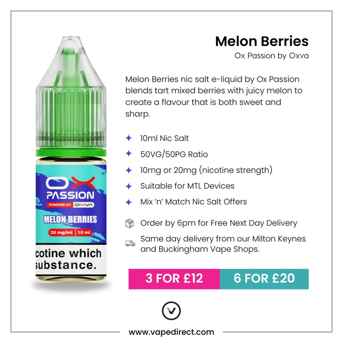 Melon Berries Ox passion e-liquid with flavour description. 10ml Nic Salt, suitable for MTL devices, multi-buy offers, and details for next day delivery in milton keynes and buckingham shown.