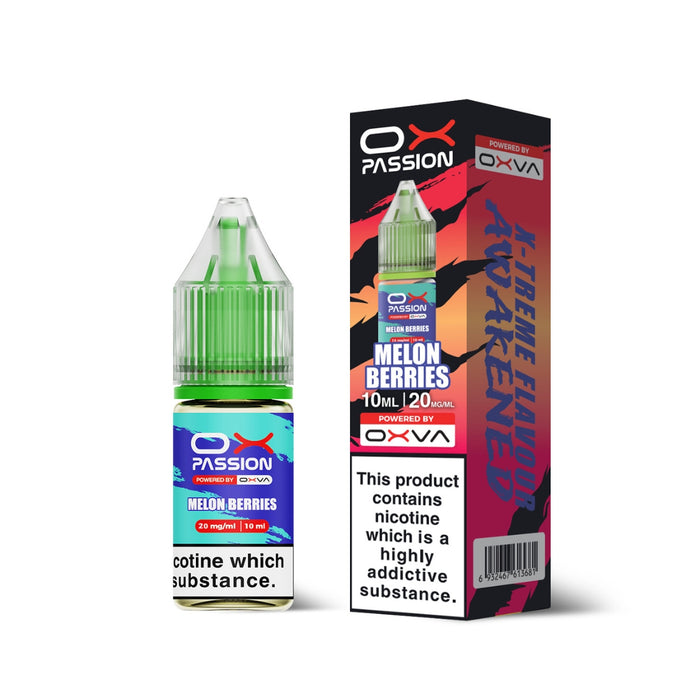 Melon Berries Ox Passion Nic Salt E-Liquid by Oxva with retail box and packaging.