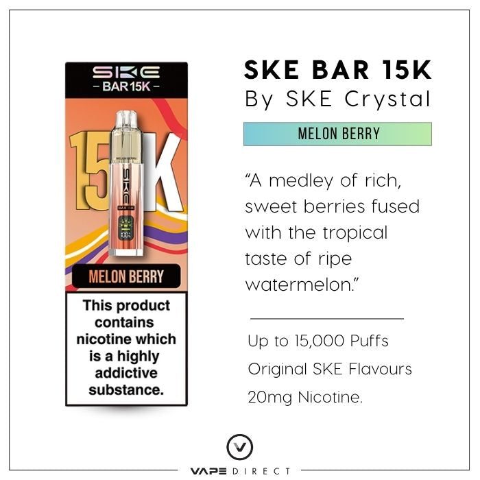 SKE Bar 15K vape in Melon Berry, with up to 15,000 puffs, Original SKE Flavour and 20mg nicotine. 