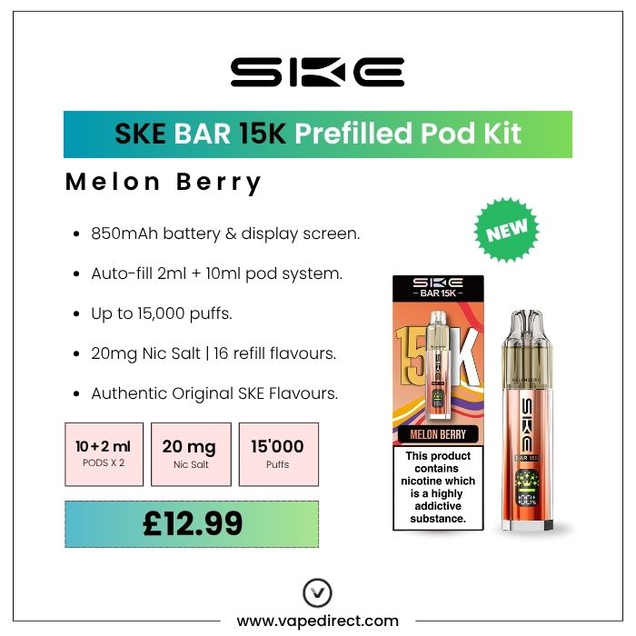 SKE BAR 15k pod kit in Melon Berry flavour. 850mAh battery, 15,000 puffs, and 20mg nic salt. 