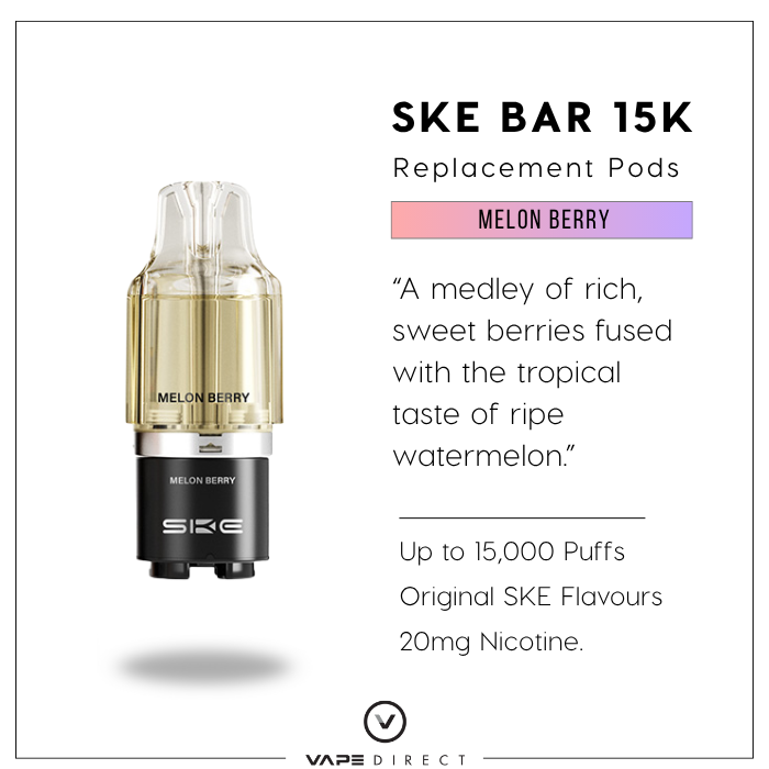 SKE BAR 15K replacement pods in Melon Berry flavour with a 10ml refill pod and flavour description.