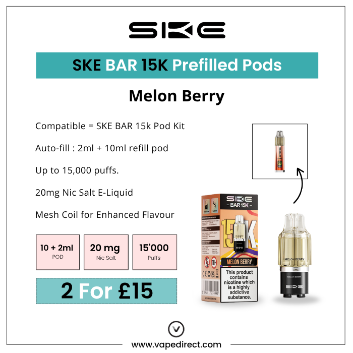 SKE BAR 15K Prefilled Pods Melon Berry; 10ml refill pod, 20mg Nic Salt, 15,000 puffs. 