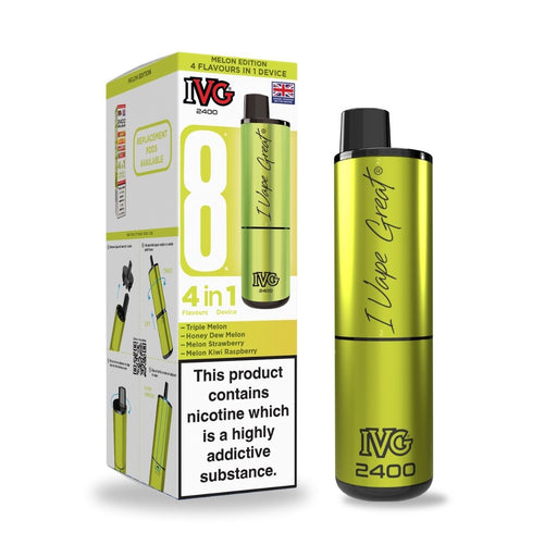 The Melon Edition - IVG 2400 4-in-1 Prefilled Pod Kit by I VG 2400 is displayed next to its packaging, featuring four melon flavors for a convenient vaping experience. Available at Vape Direct In Milton Keynes