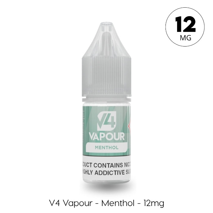 A 10ml bottle of V4 Vapour – Menthol E-Liquid from V4 Vapour, featuring a grey cap and label with "Menthol". A circular icon shows 12 MG. Label text: V4 Vapour – Menthol – 12mg menthol vape juice. Available at Vape Direct In Milton Keynes