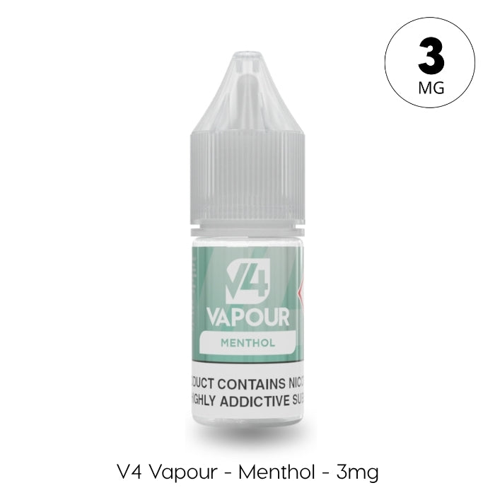 A small 10ml plastic bottle of V4 Vapour - Menthol E-Liquid by V4 Vapour, featuring a green label, childproof cap, and 3mg nicotine content. The text on the image reads "3 MG. Available at Vape Direct In Milton Keynes