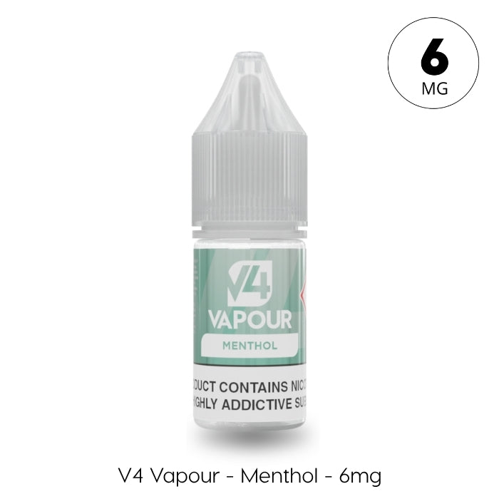 V4 Vapour - Menthol 10ml E-Liquid by V4 Vapour features a clear cap and label, with a 6mg nicotine strength. Ideal for vapers seeking a refreshing menthol flavor. Available at Vape Direct In Milton Keynes