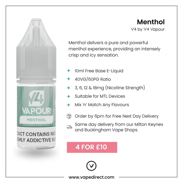 Experience V4 Vapour - Menthol 10ml E-Liquid by V4 Vapour: 40VG/60PG, freebase nicotine (3-18mg), perfect for MTL vaping. Enjoy a crisp menthol hit—grab 4 bottles for just £10!. Available at Vape Direct In Milton Keynes