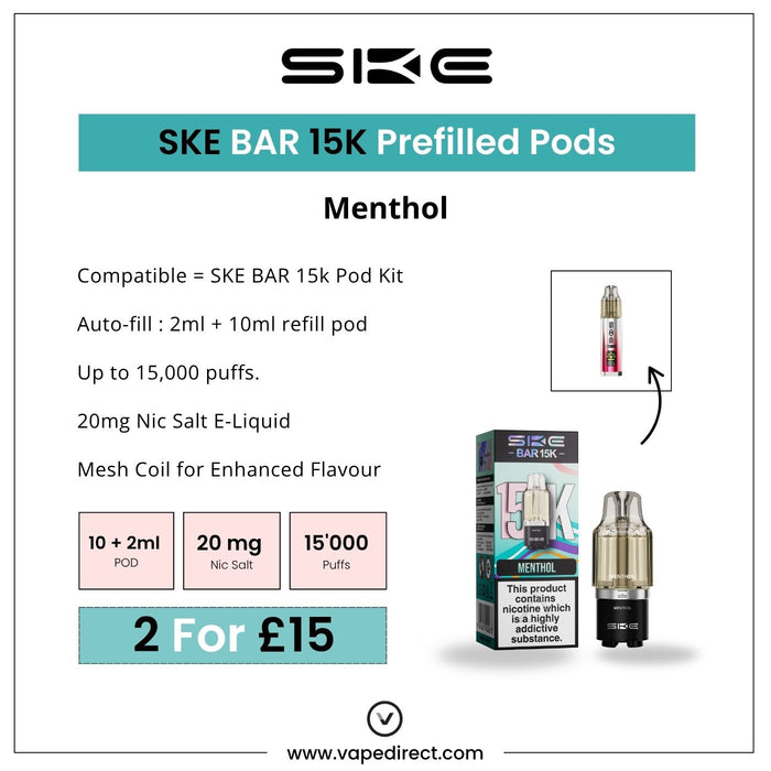 Promotional image for the SKE Crystal Menthol - SKE Bar 15K Refill Pod, showing the pod device, refill bottle, packaging, MTL vaping, 15,000 puffs, 20mg nic salt e-liquid, and a 2 for £15 offer. Available at Vape Direct In Milton Keynes