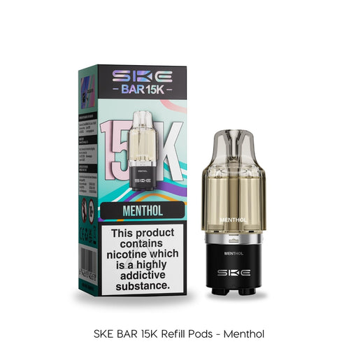 A Menthol - SKE Bar 15K Refill Pod by SKE Crystal for MTL vaping is shown with its vibrant box featuring product details. The clear refill pod has a black base labeled "MENTHOL. Available at Vape Direct In Milton Keynes