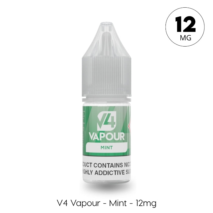 A small plastic bottle labeled V4 Vapour - Mint 10ml E-Liquid shows a circular icon with 12mg in the top right. Text below reads: V4 Vapour - Mint - 12mg—ideal for menthol vape juice lovers. Brand name: V4 Vapour. Available at Vape Direct In Milton Keynes