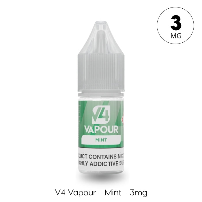 A 10ml bottle of V4 Vapour - Mint E-Liquid features 3mg nicotine strength, a clear cap, green and mint-themed branding, and is a refreshing menthol vape juice from V4 Vapour. Available at Vape Direct In Milton Keynes