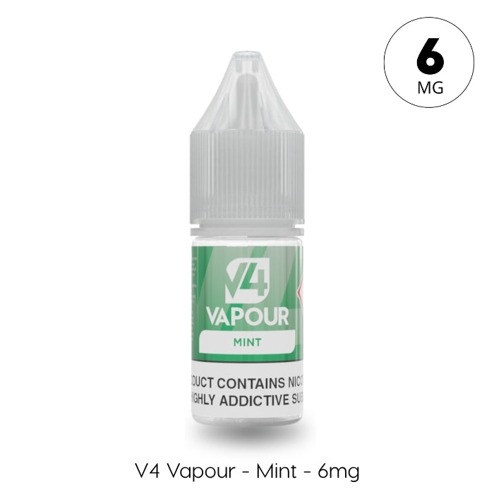 A 10ml plastic bottle of V4 Vapour - Mint E-Liquid with 6mg nicotine, mint flavor, a green label, and child-safe cap. Text below: V4 Vapour - Mint – 6mg. Available at Vape Direct In Milton Keynes