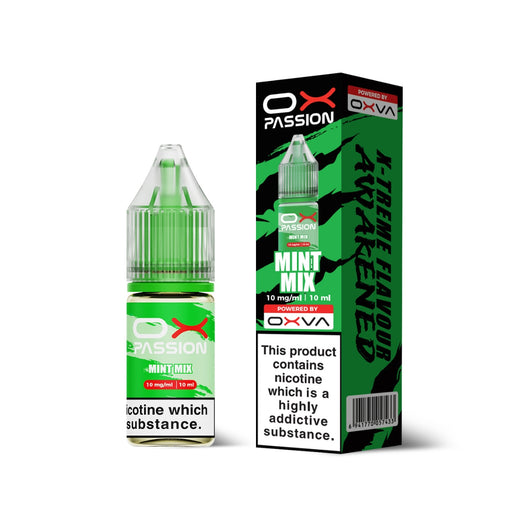 Mint Mix nic salt e-liquid bottle and box by Ox Passion on a plain background