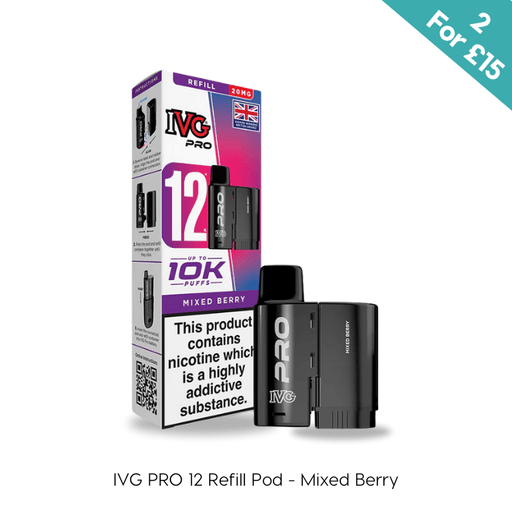 Mixed Berry IVG PRO 12 prefilled replacement pod pack on a plain background